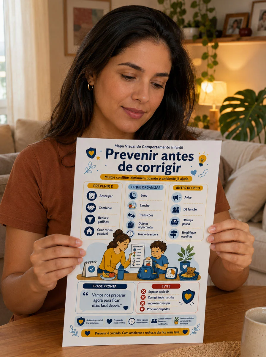Mãe lendo o mapa Prevenir antes de corrigir